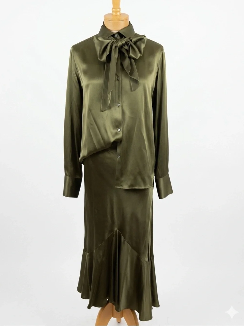 Ralph Lauren olive green 100% silk matching set ruffle flowy skirt vintage y2k